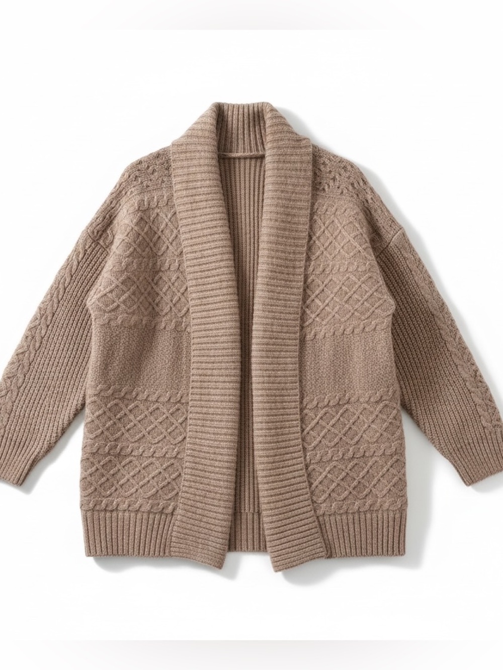 Frye Taupe Beige Cable-Knit Shawl Collar Relaxed Fit Oversized Cardigan/ Shacket